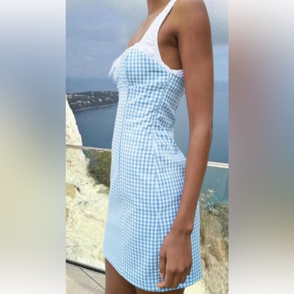 Zara Blue and White Sheath Mini Dress Sweetheart Neckline - Picture 8 of 11